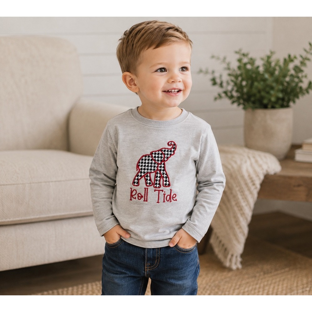 Kids 2T Gray Roll Tide Alabama Elephant Long Sleeve Appliqué Embroidered‎ Tee